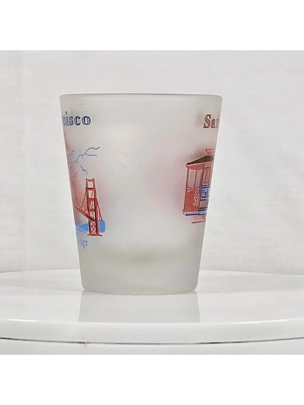 Vintage San Francisco Frosted Shot Glass Golden Gate Bridge Cable Car Souvenir
